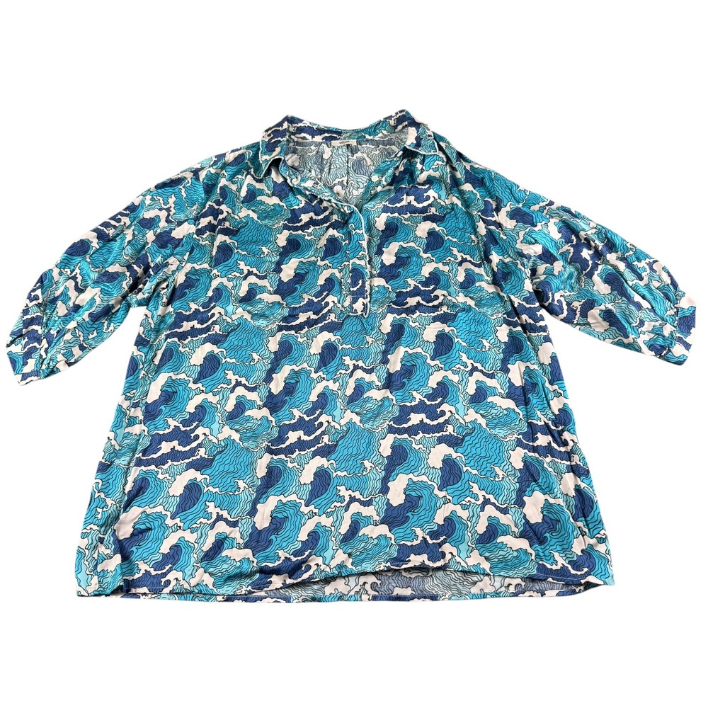 Me369 Blouse S Blue Wave Print Viscose 3/4 Sleeve Relaxed Coastal Tunic